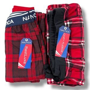 NWT Nautica Men's Pajama Pants 2 Pack Plaid Flannel Fleece Extra Large XL Red